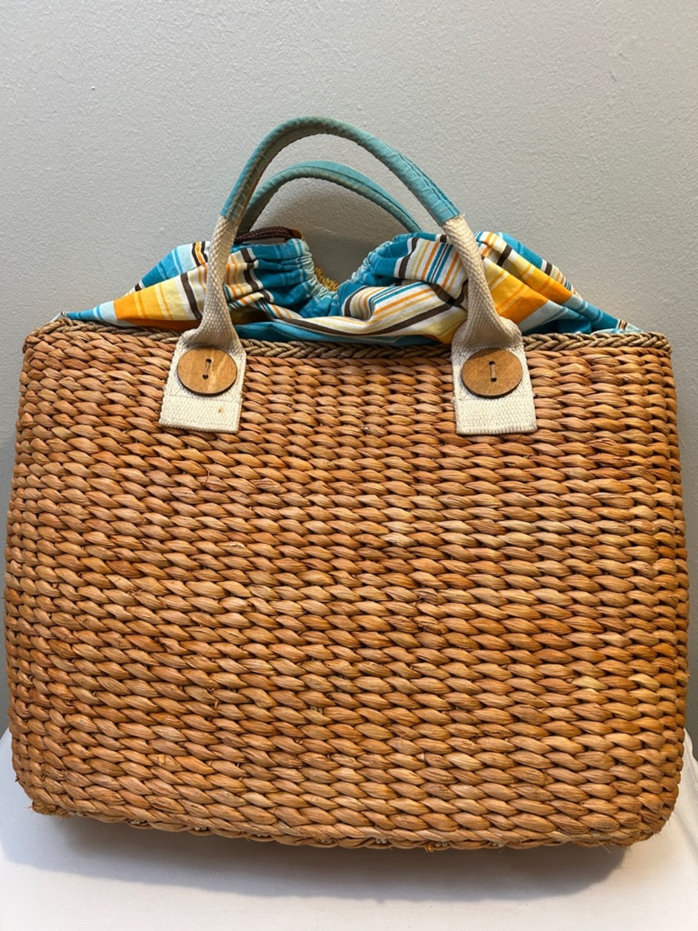 Billabong Woven Straw Tote with Yellow & Teal Striped Lining - Picture 6 of 14